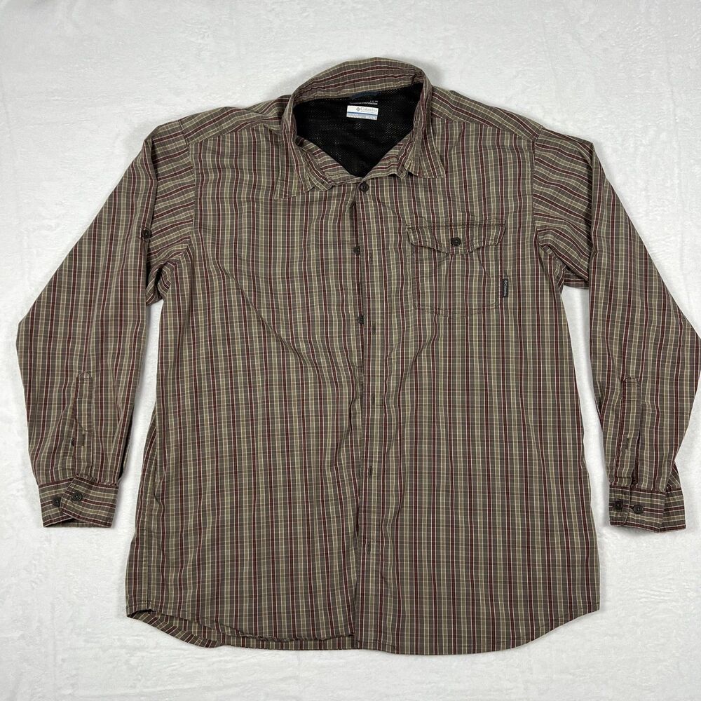 Columbia Omni-Wick Mens Button Up Shirt XXL 2XL Brown Plaid Vented Long Sleeve